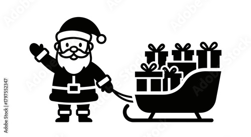 A black and white illustration of Santa Claus waving while pulling a sleigh full of gifts.