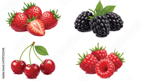 Vibrant Berry Fruit Vector Collection Featuring Fresh Strawberries, Blackberries, Raspberries, and Cherries, Excellent for Food and Dessert Packaging Design.