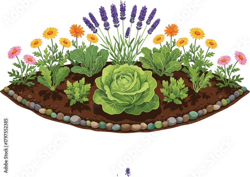 Vibrant Home Garden Bed Vector with Cabbage, Lavender, and Colorful Flowers, Ideal for Gardening, Nature, and Organic Farming Concepts.Vibrant Home Garden Bed Vector with Cabbage, 