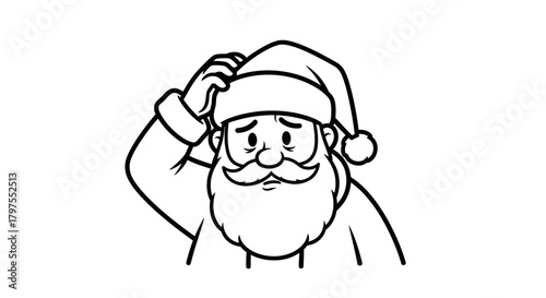 Black and white cartoon illustration of Santa Claus looking confused and scratching his head, with a thoughtful expression.