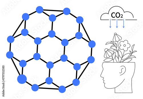 Molecular structure, CO2 emissions, human profile growing flowers. Ideal for sustainability, innovation, renewable energy, nature, environmental science carbon neutrality visual learning. A simple