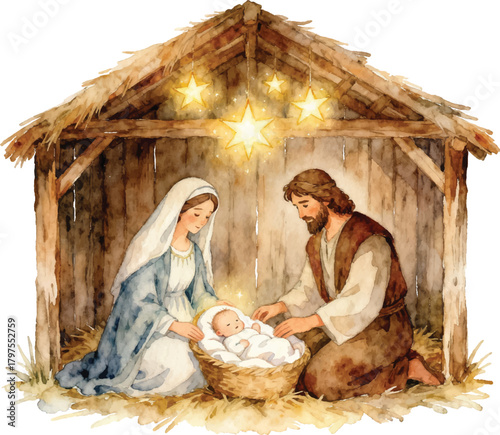 Watercolor Artistic Nativity Scene of Baby Jesus with Mary and Joseph