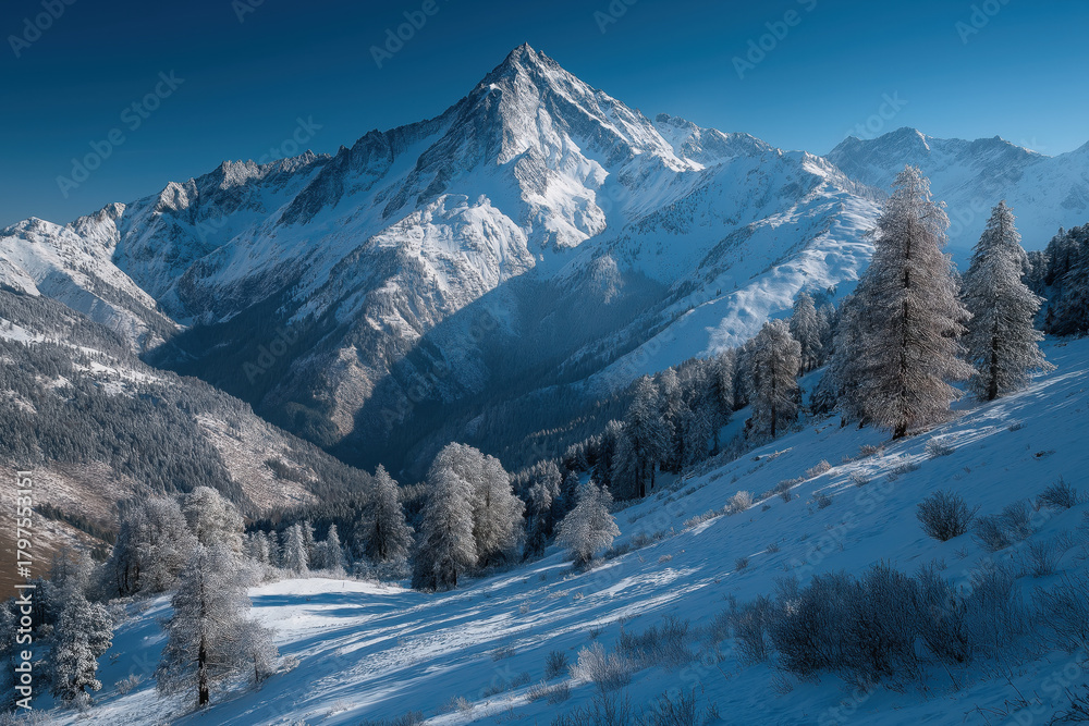 Fototapeta premium Paysages de montagne enneigée sous ciel bleu en hiver, sommets alpins, forêt givrée et vallées recouvertes de neige