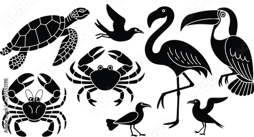 Sea and air animals illustration black silhouettes on white background
