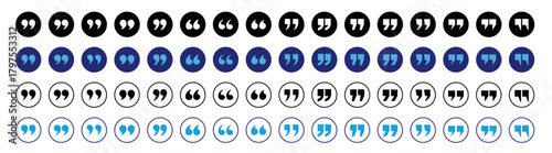 Quotation marks round icon buttons set blue and black vector collection on transparent background