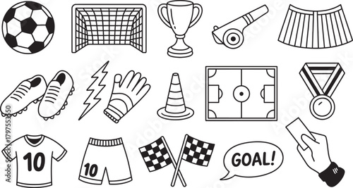 Soccer Equipment and Accessories Doodle Collection for Sports Themed Designs