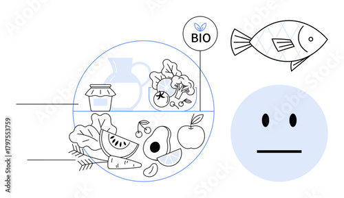 Variety of food items including fruits, vegetables, fish, jar, BIO label, person icon with neutral emotion. Ideal for nutrition, organic produce, healthy eating food labeling dietary choices