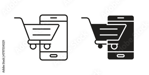 Online shopping icons with simple flat and thin stroke style