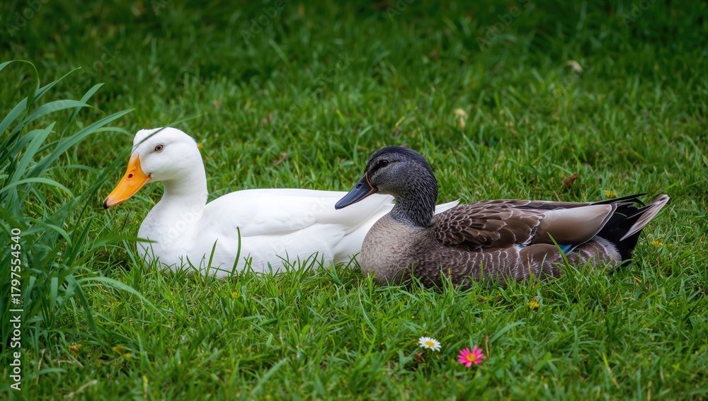 Obraz premium Two gray and white ducks resting on lush green grass, a scene of tranquility