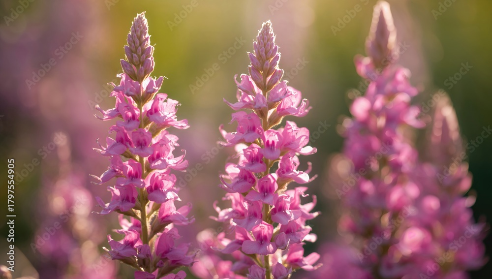 Obraz premium Close-up view of blooming pink annual sage flowers, highlighting their vibrant appearance and seasonal beauty