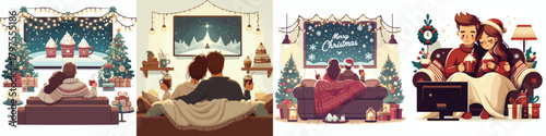 Romantic Christmas Movie Night. Vektor, design, minimalist, illustrations, set icon