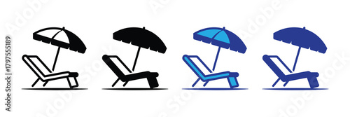 Four different styles of beach chairs with umbrellas in black white and blue isolated on white background