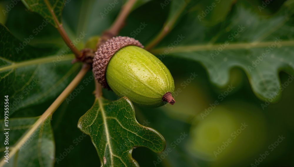 Obraz premium Close-up detail of an oak tree green cone, showcasing fresh seeds and leaves, highlighting seasonal growth