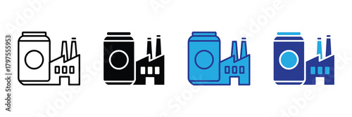 Set of four factory and bottle icons in outline solid black blue and colorful styles isolated on white background