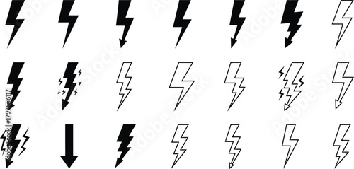 Collection of black lightning bolt icons and symbols