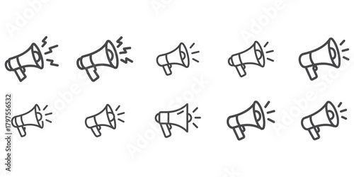Collection of simple outline megaphone icons representing sound and communication in a graphic style
