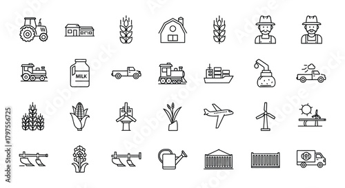 Farming agriculture transportation logistics icons vector set
