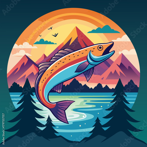 Vibrant vector illustration of a detailed rainbow trout fish swimming in clear water with colorful splashes