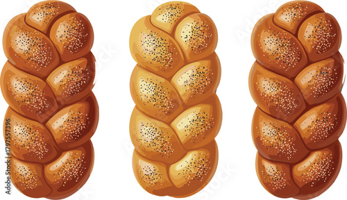 Traditional Braided Challah Bread Vector Illustration with Poppy and Sesame Seeds, Perfect for Jewish Holidays, Bakery, and Food Menu Designs.