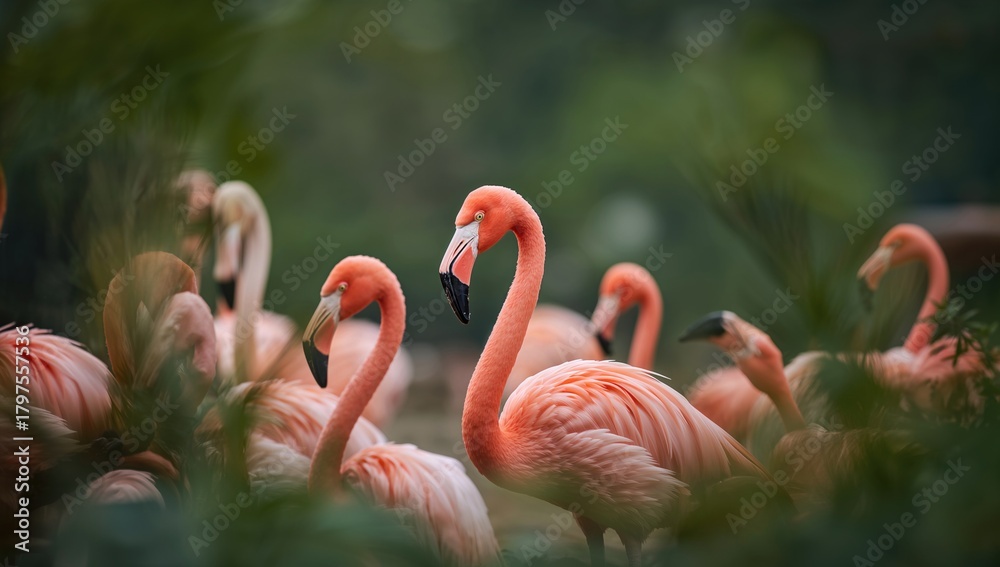 Obraz premium Zoo flamingos in vibrant pink hues among a blurred green background, showcasing themes of migration