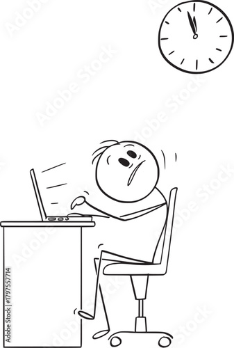 Office man doodle — overworked employee looking at time, stressed and exhausted illustration