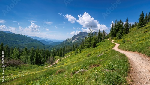 Fototapeta Naklejka Na Ścianę i Meble -  Mountain trail amidst the stunning landscape of the Giant Mountains, seasonal change