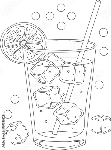 Refreshing drink outline with lemon and ice, beverage line art