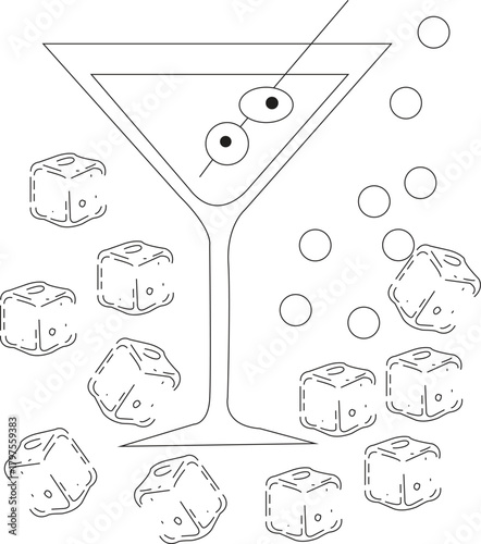 Martini glass with olives and ice cubes, line art illustration