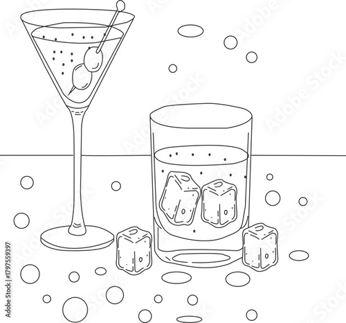 Martini glass with olives, highball glass with ice cubes line art