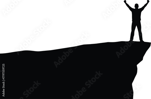 Cliff silhouette, victory pose, outdoor achievement, triumphant figure, rugged terrain, nature success, goal reached, celebration moment, personal triumph, mountain edge