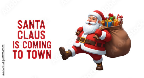 Santa claus is coming to town with a sack full of presents on a black background