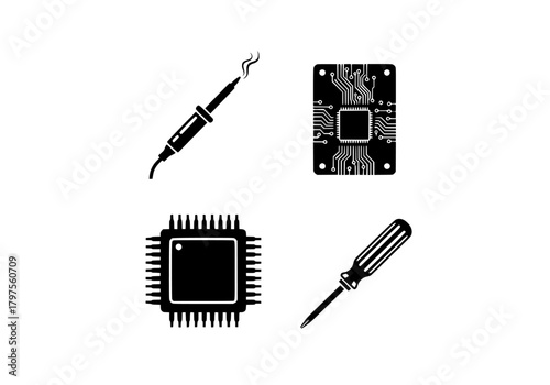 Black vector icons group  with a graphic showing soldering iron,circuit board, and screwdriver for electronics repair and assembly work silhouette