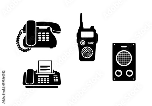 Black vector icons group  with black and white graphic showing telephone, fax machine, walkie talkie, and speaker in simple style art work silhouette