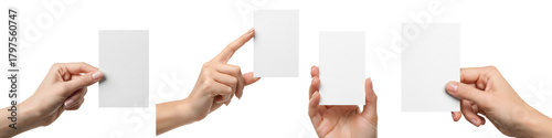 Set of hands holding a blank vertical business cards isolated on white