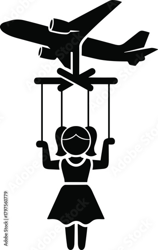 Girl silhouette, airplane puppet, marionette strings, surreal control, black figure, minimal design, symbolic influence, aviation metaphor, manipulation theme, concept art