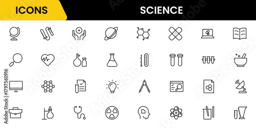 Science and research line icons collection. Big UI icon set in a flat design. Thin outline icons pack. Vector illustration