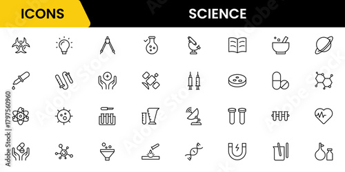 Science and research line icons collection. Big UI icon set in a flat design. Thin outline icons pack. Vector illustration