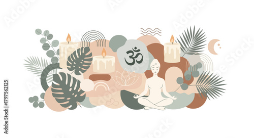 Serene Yoga Meditation with Om Symbol and Candles Abstract Boho Wellness Illustration for Mindfulness and Peace