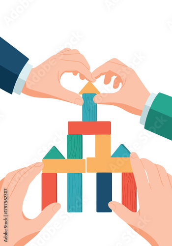 Multiple hands collaborate to build a colorful wooden block tower, symbolizing teamwork and construction.