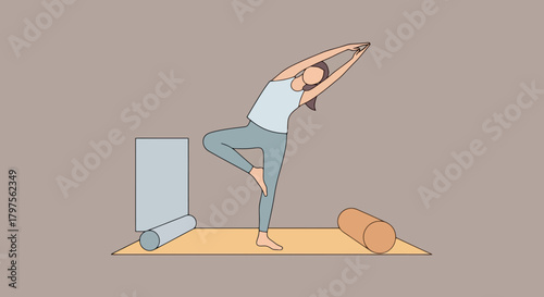 Woman Practicing Yoga Tree Pose on Mat with Bolster and Rolled Mat Health and Wellness Concept
