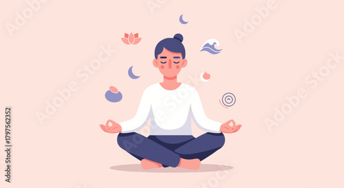 Young Woman Meditating Calmly Surrounded by Gentle Symbols of Nature and Mindfulness Promoting Inner Peace and Well being