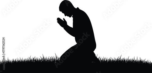 Prayer silhouette, kneeling figure, spiritual pose, outdoor devotion, black shape, minimal design, faith gesture, contemplation moment, grass scene, reflection