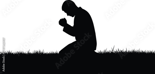 Prayer silhouette, kneeling figure, spiritual pose, outdoor meditation, black shape, minimal design, faith gesture, contemplation moment, grass scene, devotion