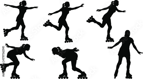 Quadro su tela Roller skating silhouette, dynamic poses, black figure, inline skates, minimal d