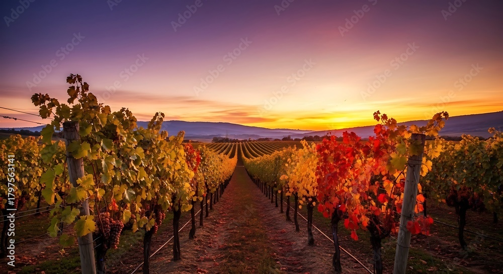 Naklejka premium Vibrant Fall Background of a Vineyard During Sunset
