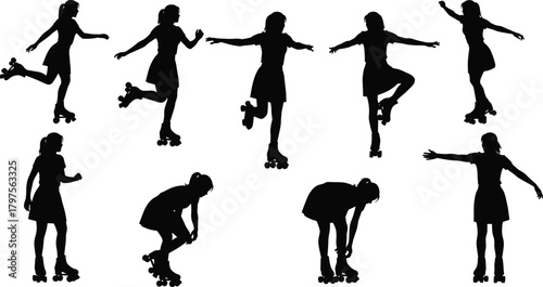 Foto Roller skating silhouette, dynamic poses, black figure, inline skates, minimal d