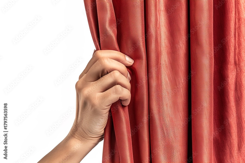 Fototapeta premium close-up hand gently pulls back luxurious red curtains, allowing bright light to flood into the room. scene captures a moment of anticipation in a cozy indoor space