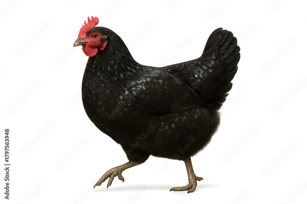 Fototapeta premium Black hen stepping, poultry looking, farm animal, livestock, domestic bird, fowl, transparent isolating background