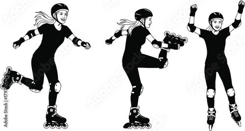 Rollerblading silhouette, protective gear, dynamic poses, inline skates, black figure, motion study, sport concept, safety equipment, active movement, balance