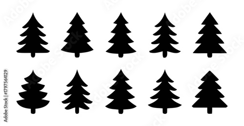 Collection of hand drawn silhouette christmas trees on white background